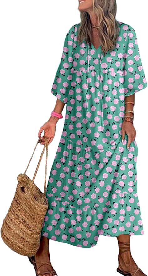 Dokotoo Women Boho Maxi Dresses 2024 V Neck Long Puff Sleeve Smocked Ruffle Flowy Casual Dress | Amazon (US)