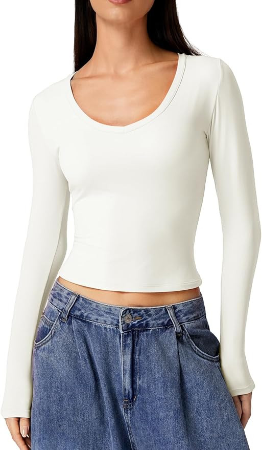 QINSEN Women Double Lined Fitted Basic T Shirts V Neck Long Sleeve Crop Top | Amazon (US)