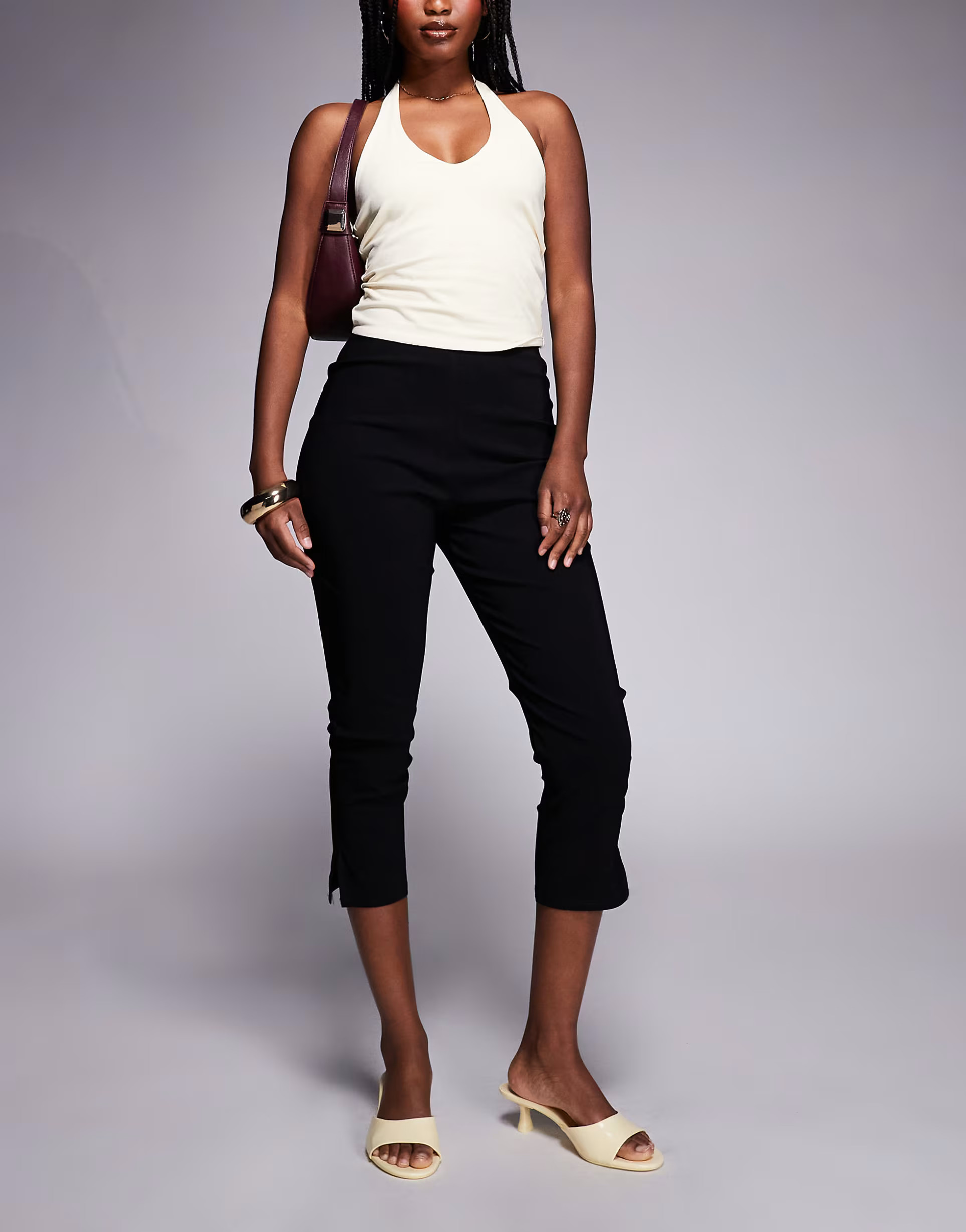 ASOS DESIGN bengaline longline capri trousers with split hem in black | ASOS (Global)