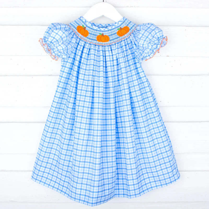Little Pumpkin Blue Gingham Smocked Bishop Dress | Classic Whimsy