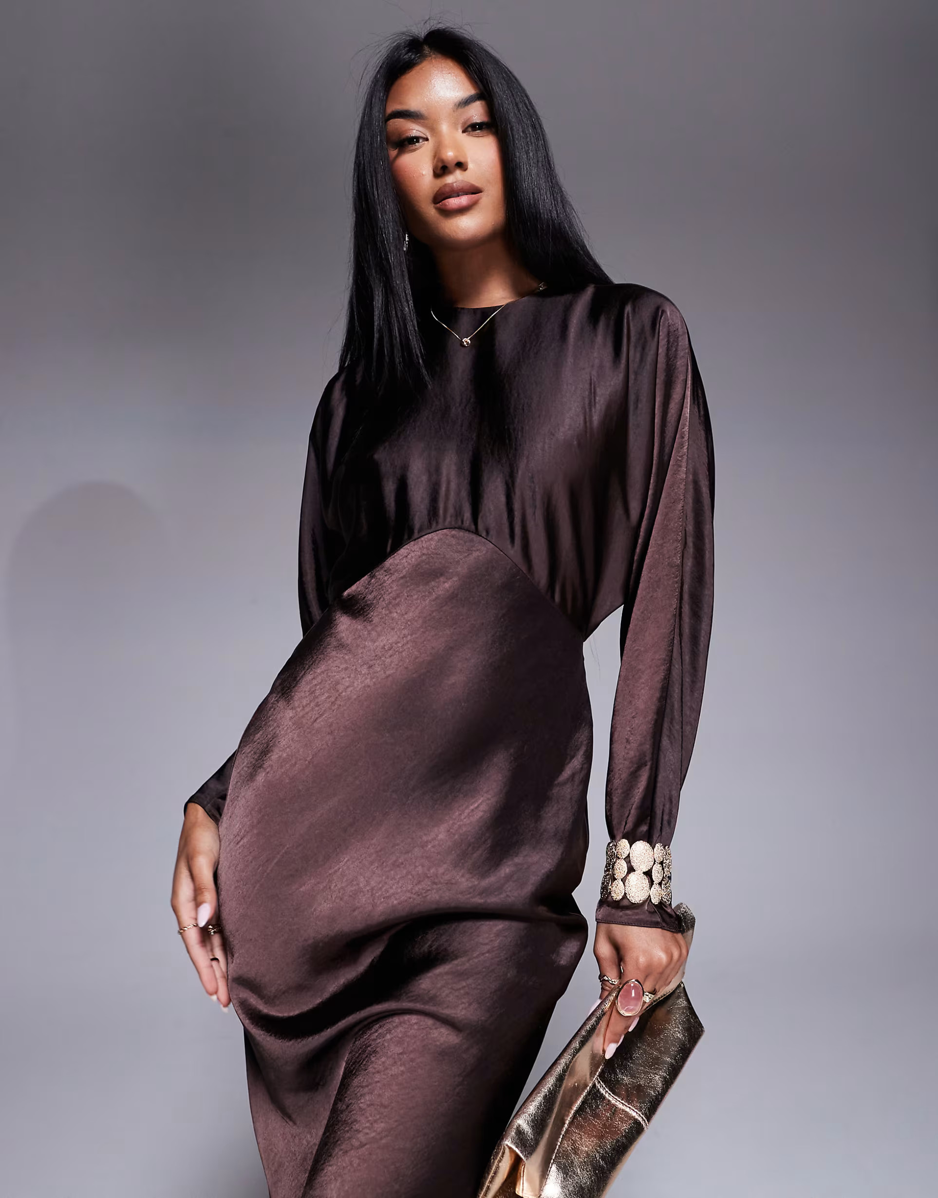 ASOS DESIGN satin batwing maxi dress in chocolate | ASOS (Global)