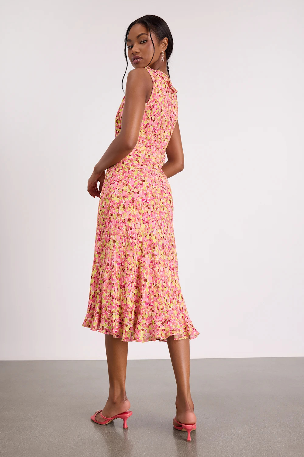 Renea Pink Multi Floral Ruffled Sleeveless Midi Dress | Lulus