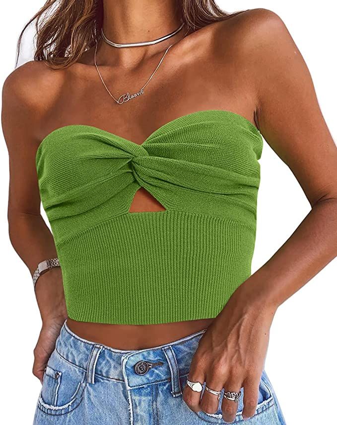 EFAN Womens Cut Out Twist Knot Front Tube Tops Bandeau Ribbed Knit Y2K Sexy Strapless Crop Tank B... | Amazon (US)