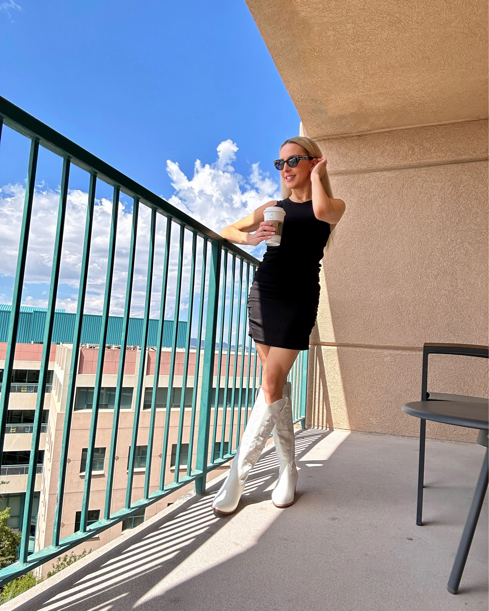 Marriott Tucson University Arizona is a great location for walking to campus, restaurants and bars. Casual little black dress, white cowboy boots and Gorjana gold chain choker. Bodycon ribbed black mini dress is super easy and comfy to throw on and go. 

#LTKtravel #LTKshoecrush #LTKSeasonal