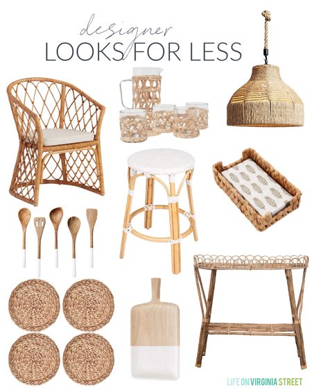 Designer looks for less include a rattan dining chair, a napkin set with seagrass basket, a rattan pendant light, natural wrapped tumbler glasses, a wood serving board, woven placemats, a wooden utensil set, a woven rattan counter stool and a rattan plant stand.  

look for less home, designer inspired, beach house look, amazon haul, amazon must haves, area rug amazon, home decor, Amazon finds, Amazon home decor, simple decor, targetfanatic, targetdoesitagain, target home, target style, target finds, world market chairs, cost plus, world market home, neutral design, island bar stool, kitchen accessories, kitchen island lights, island pendents, kitchen decor, simple decor, coastal decorating, coastal design, coastal inspiration #ltkfamily 

#LTKSeasonal #LTKstyletip #LTKunder50 #LTKunder100 #LTKhome #LTKsalealert #LTKstyletip #LTKhome #LTKsalealert