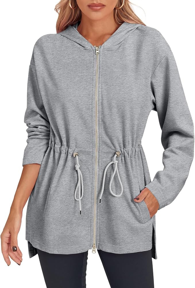 Fisoew Women's Zip Up Hoodie Sweatshirts Oversized Long Sleeve Casual Drawstring Waist Side Slit ... | Amazon (US)