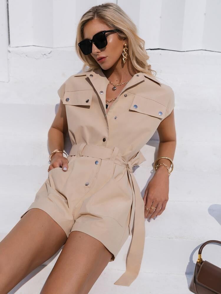 Sollinarry Button Front Slant Pocket Belted Romper | SHEIN