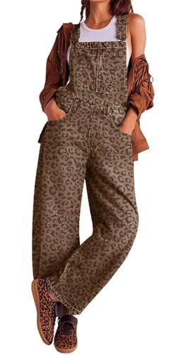 loveimgs Women Y2k Baggy Barrel Jeans Overalls Wide Leg Denim Pants Bib Overalls Jumpsuit Boyfriend Patchwork Jeans (Medium,Classic leopard) | Amazon (US)