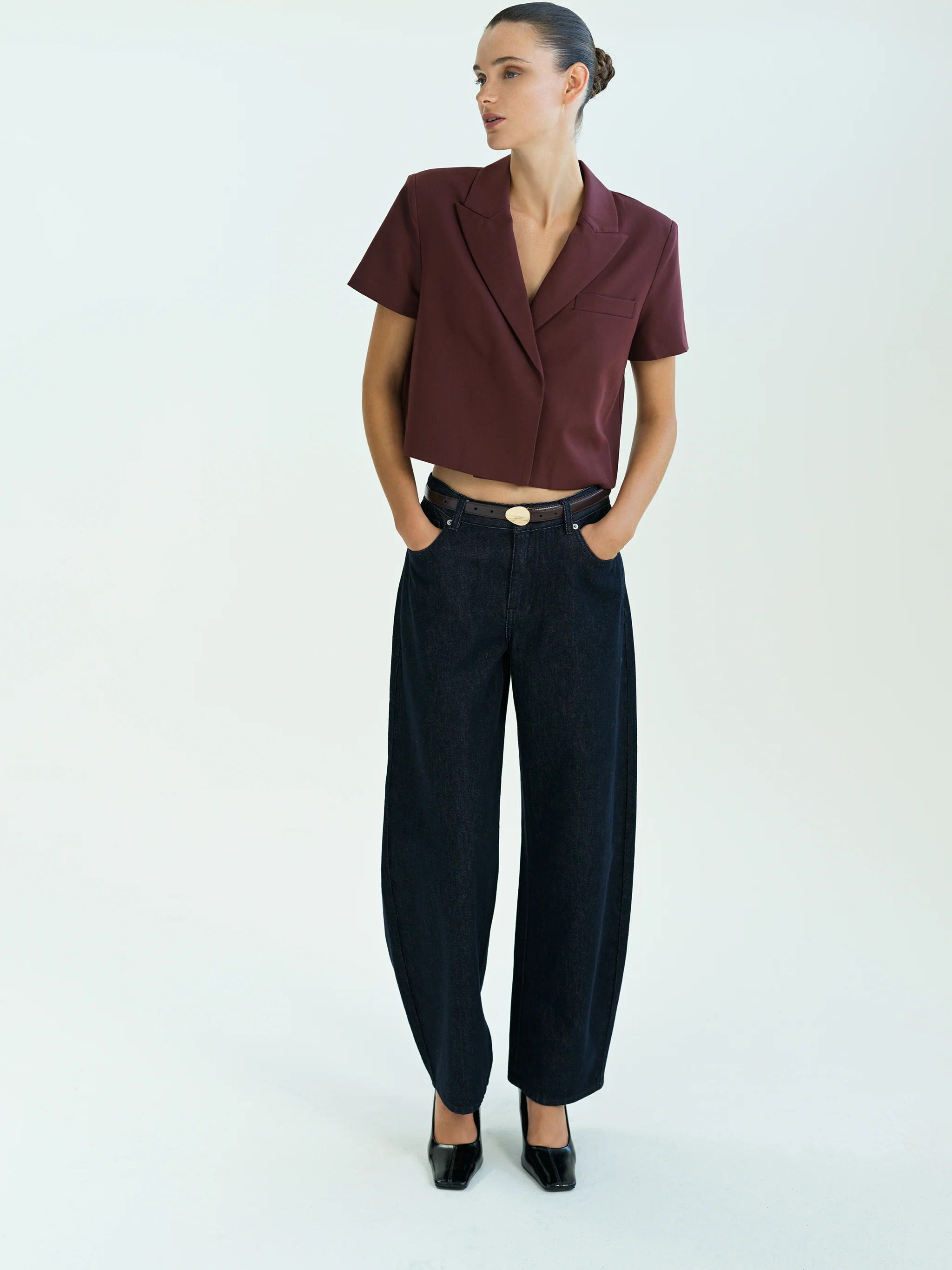 Rena Burgundy Tailored Cropped Blazer Top | French Connection (UK)