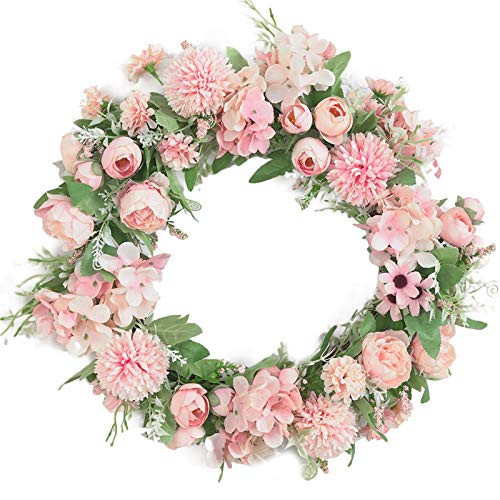 Hydrangea Wreath, Artificial Hydrangea and Peony Floral Spring Wreath, Artificial Spring Summer Hydrangea Wreath for Front Door Indoor Outdoor Farmhouse Wall Holiday Decor(Pink) | Amazon (US)