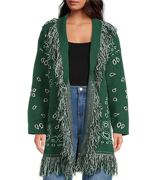 Sugarlips Bandana Fringe Shawl Collar Belted Open Front Cardigan | Dillard's | Dillard's