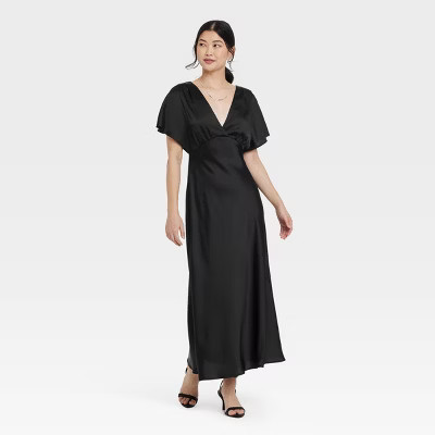 Women's Satin Flutter Short Sleeve Maxi A-Line Dress - A New Day™ Black S: V Back, Back Tie, Ruching | Target