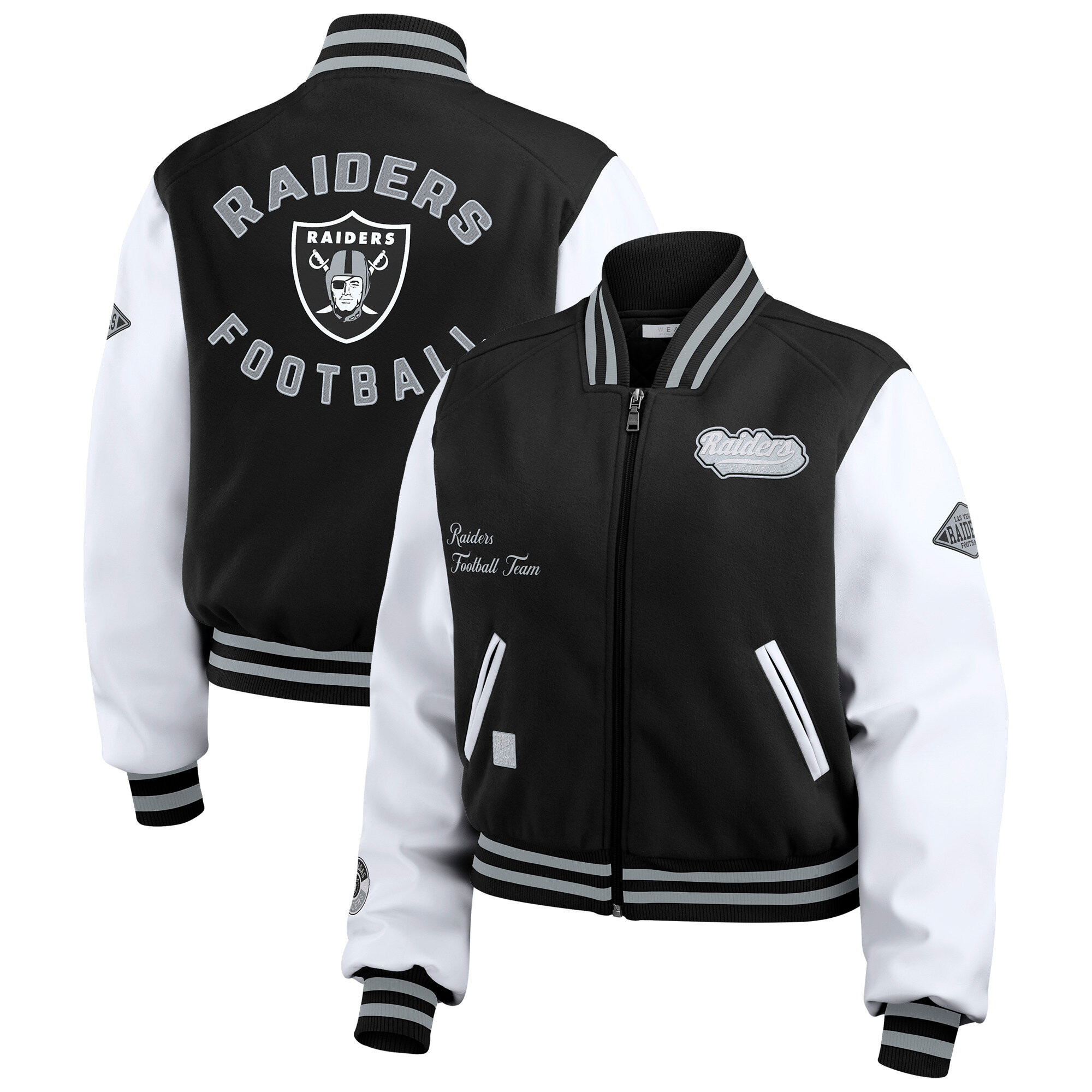 Women's WEAR by Erin Andrews Black/White Las Vegas Raiders Varsity Full-Zip Jacket | Fanatics
