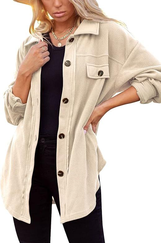 Amazon.com: Womens Flannel Shirt Jacket Button Down Long Sleeve Oversized Shacket Coat Loose Casu... | Amazon (US)
