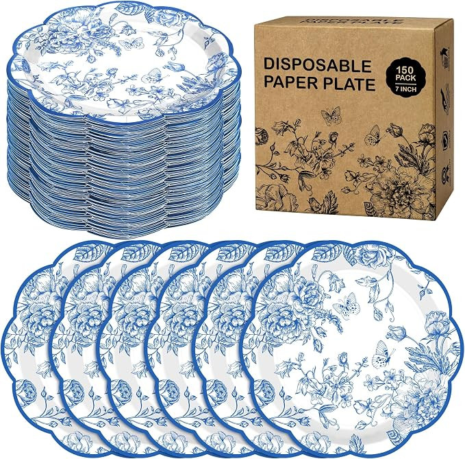 150 Pieces Blue Flower Paper Plates 7 Inches Disposable Floral Paper Plates Scalloped Blue Chinoi... | Amazon (US)