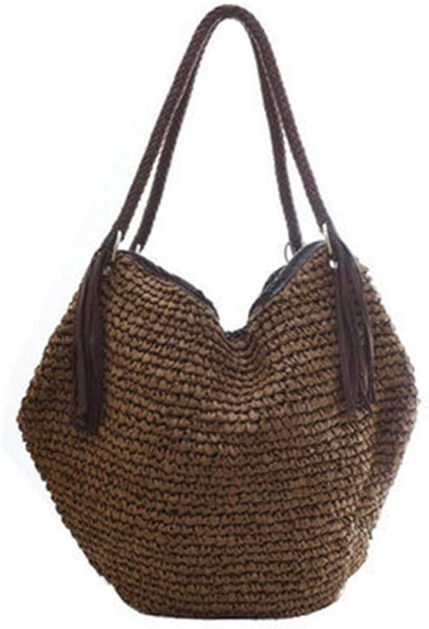 Soft Large Straw Shoulder Bag with Brown Charm Leather Tassels, Boho Leather Handle Tote Retro Su... | Amazon (US)