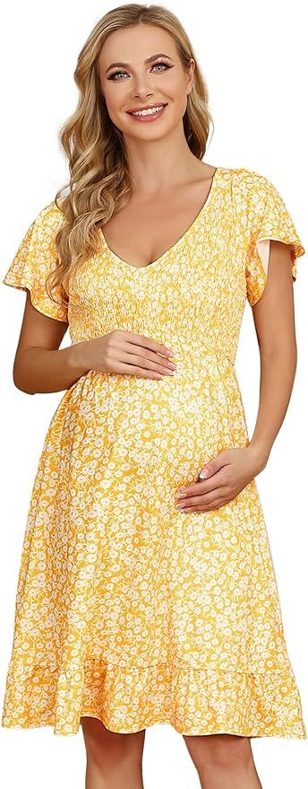 Coolmee Women's Maternity Short Sleeve Ruffle Dress V Neck Summer Casual Smocked Flowy Midi Dress... | Amazon (US)