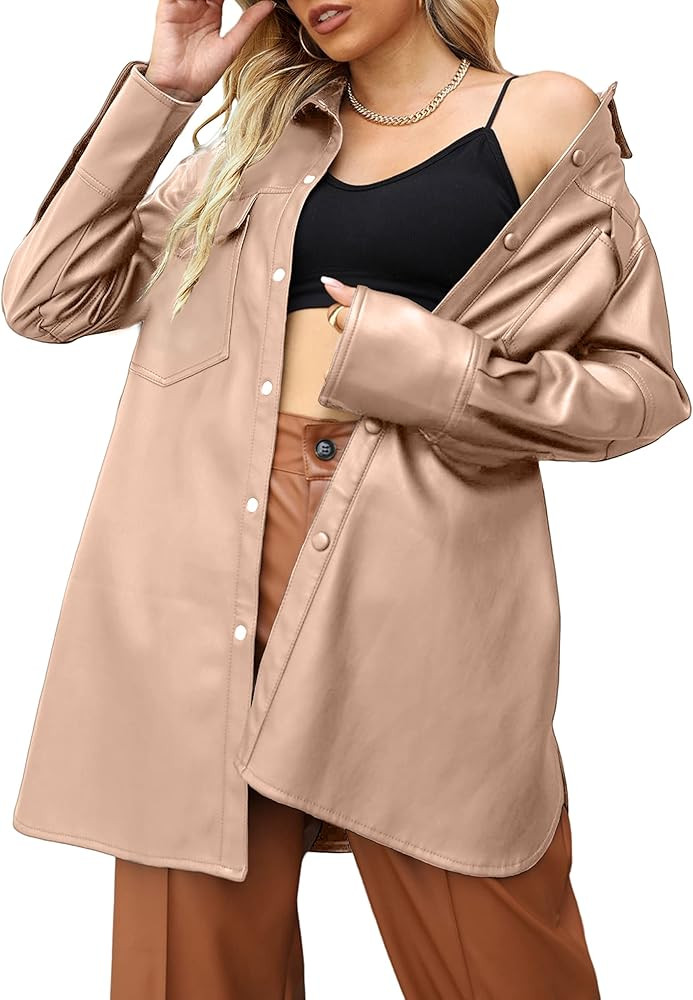 Bellivera Women Button Down Shirt Faux Leather Jacket Loose Shacket Coat | Amazon (US)