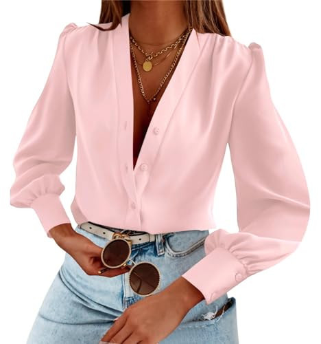 Women's Business Casual Tops Satin Silk Long Sleeve Button Down Shirts V Neck Chiffon Work Blouses Pink | Amazon (US)