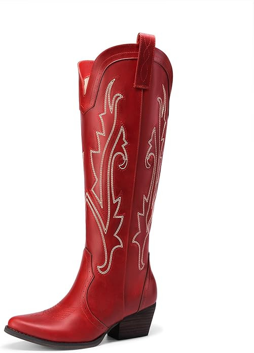 DREAM PAIRS Womens Cowboy Knee High Boots Comfortable Pull On Side Zipper Chunky Heel Embroidered... | Amazon (US)