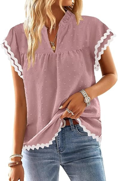 Falechay Womens Tops Summer Short Ruffle Sleeve V Neck Blouses Cute Boho Swiss Dot Lace Shirts Ca... | Amazon (US)