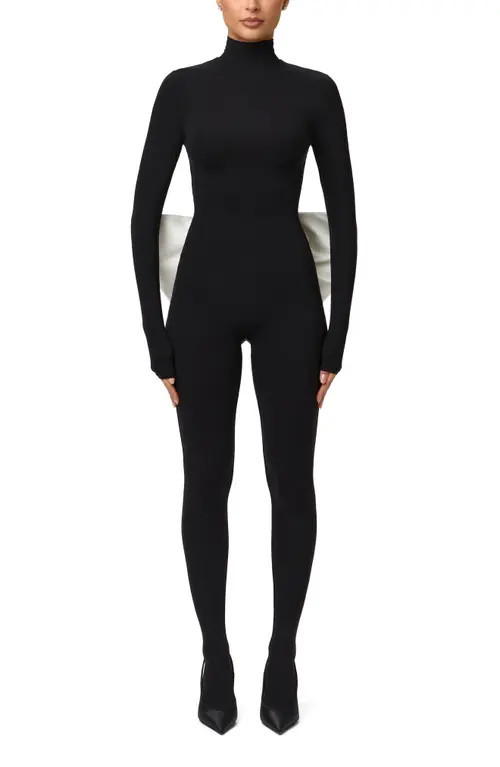 Naked Wardrobe Bow Detail Long Sleeve Jumpsuit in Black/White at Nordstrom, Size Small | Nordstrom