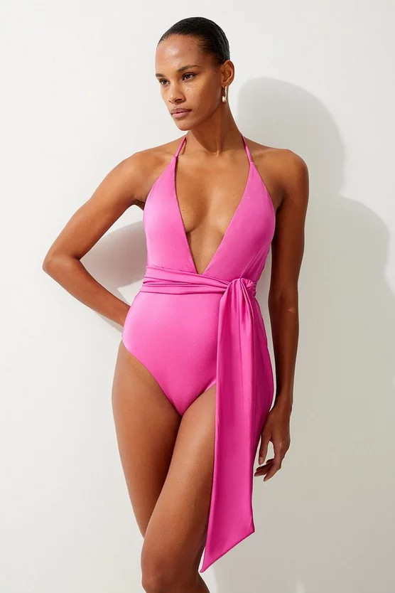 Slinky Plunge Tie Detail Swimsuit | Karen Millen UK + IE + DE + NL