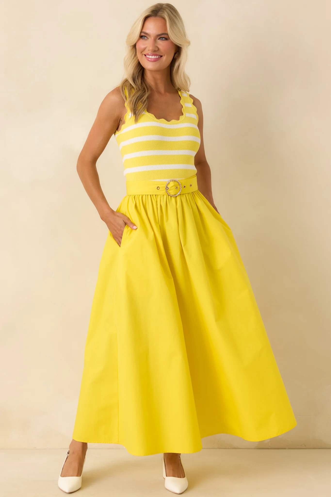 Prosperina Greer Sunshine Yellow Stripe Cotton Midi Dress | Red Dress