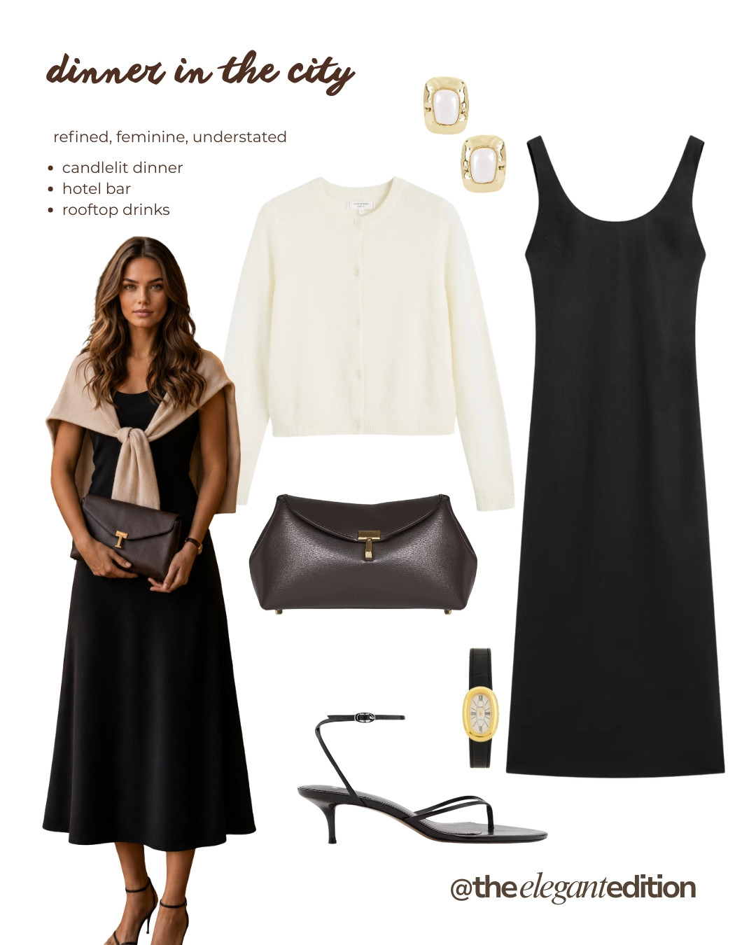 DINNER IN THE CITY LOOK 🖤 — Black midi dress, cream cardigan draped over the shoulders, dark brown clutch, kitten heel sandals and gold earrings. Refined, feminine and understated for a candlelit dinner or hotel bar.
#LTKsummer #LTKeurope #LTKtravel #summeroutfit #oldmoney #quietluxury 

 #LTKeurope #LTKtravel #LTKstyletip