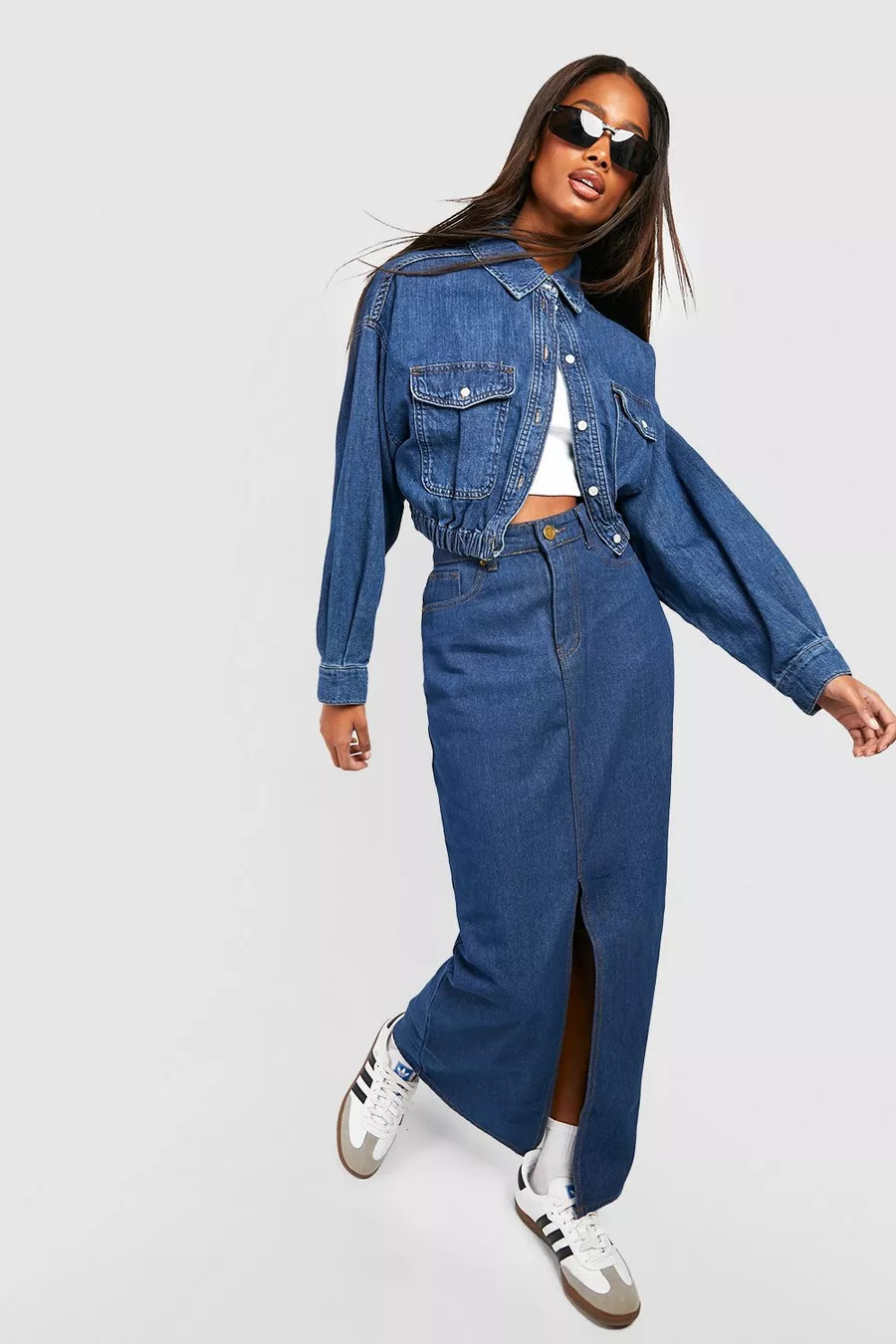 Dark Wash Split Front Denim Maxi Skirt | Boohoo.com (UK & IE)