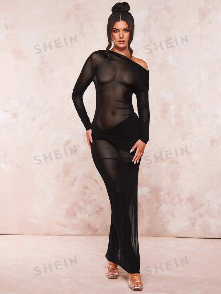SHEIN BAE Vestido ajustado de cuello asimétrico de malla transparente sin set de lencería | SHEIN
