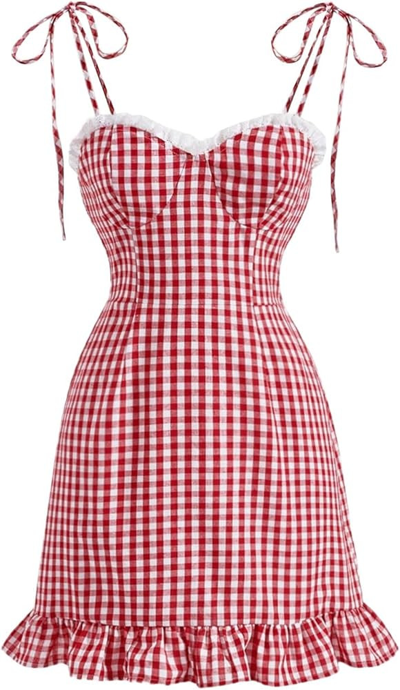 Floerns Women's Gingham Print tie Shoulder Sleeveless Ruffle Hem cami Dress | Amazon (US)