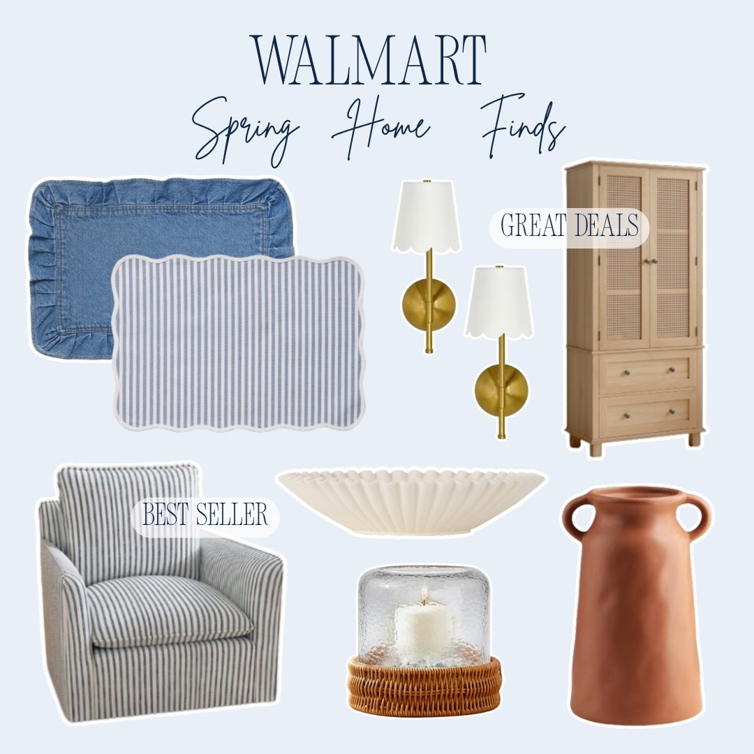 Walmart spring home finds that are so good right now and every single piece looks so elevated and so designer for the price 🤍✨ A denim ruffle pillow, a blue and white striped scallop pillow, gold brass scallop wall sconces, a cane cabinet that is $100 off, the bestselling blue striped accent chair, a white ribbed decorative bowl, a rattan candle hurricane, and a terracotta handled vase — your entire home refresh covered and every price will completely surprise you.

#LTKdayinmylife #LTKHome #LTKSaleAlert