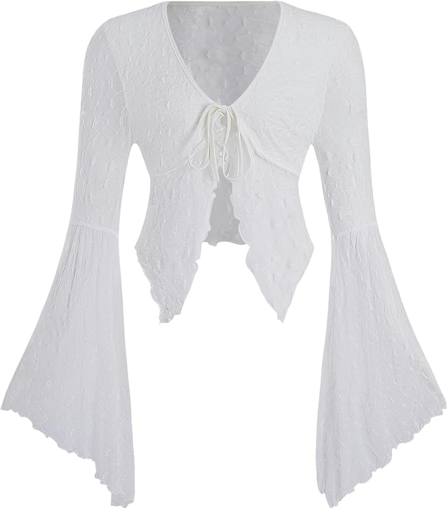 Verdusa Women's Lace Tops Tie Front Bell Long Sleeve Sheer Blouse Crop Tops | Amazon (US)