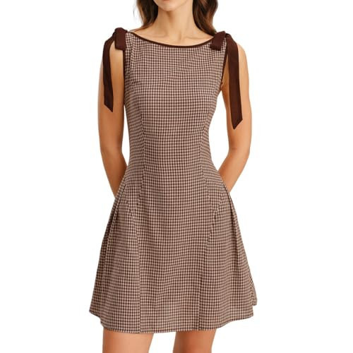 RIHOAS Women's Brown Plaid Tie Strap Mini Dress - Casual Vintage Plaid Dress for Women, Flattering Fit for Daily Wear & Weekend | Amazon (US)