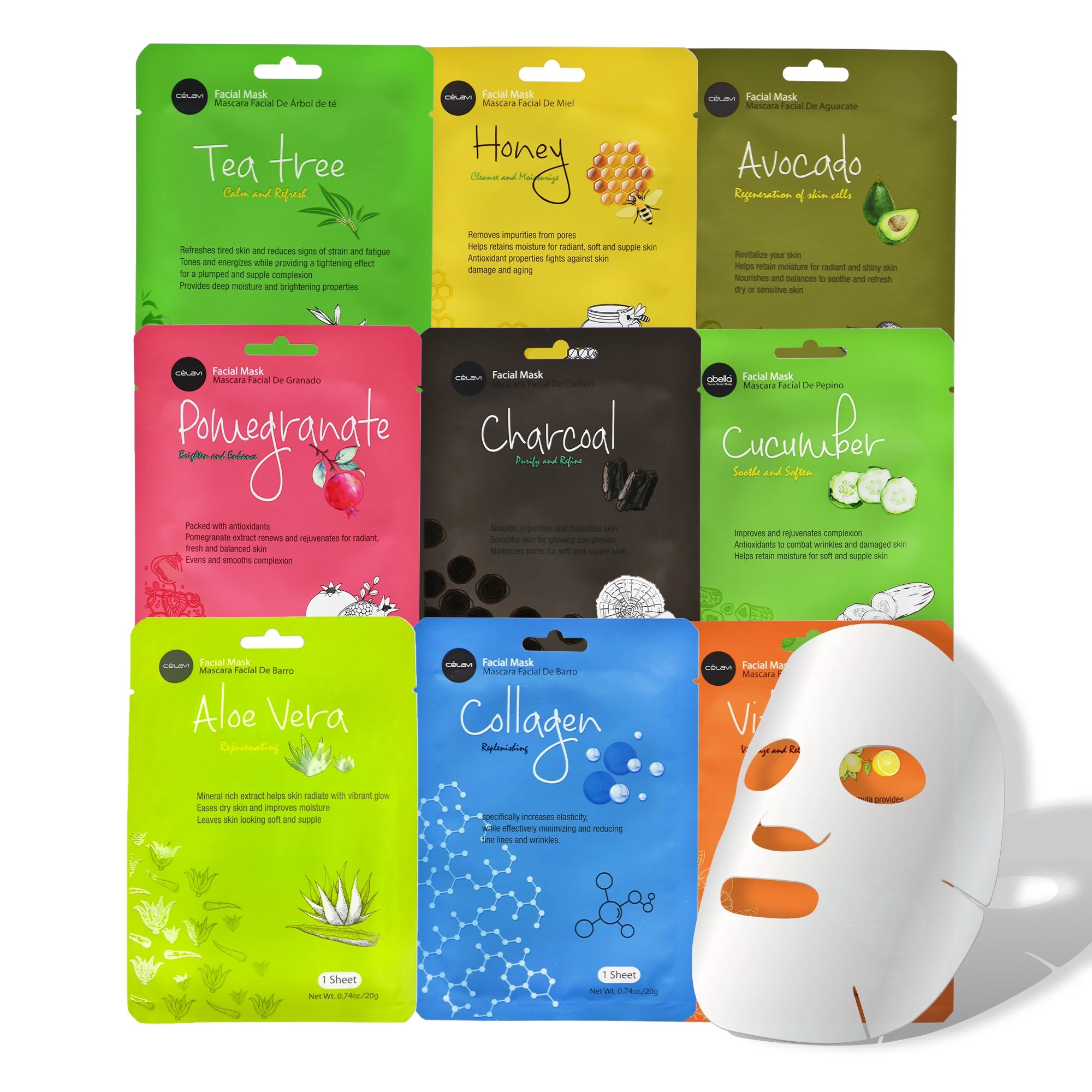 Celavi Essence Facial Mask Paper Sheet Korea Skin Care Moisturizing 9 Pack (Mix of 9) | Walmart (US)