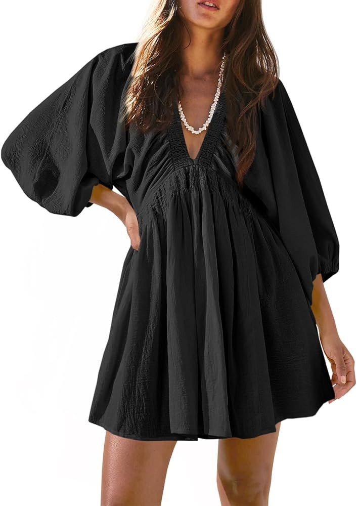 Fisoew Women's Long Sleeve Mini Dresses Deep V Neck Loose Swing Beach A Line Dress with Pockets | Amazon (US)