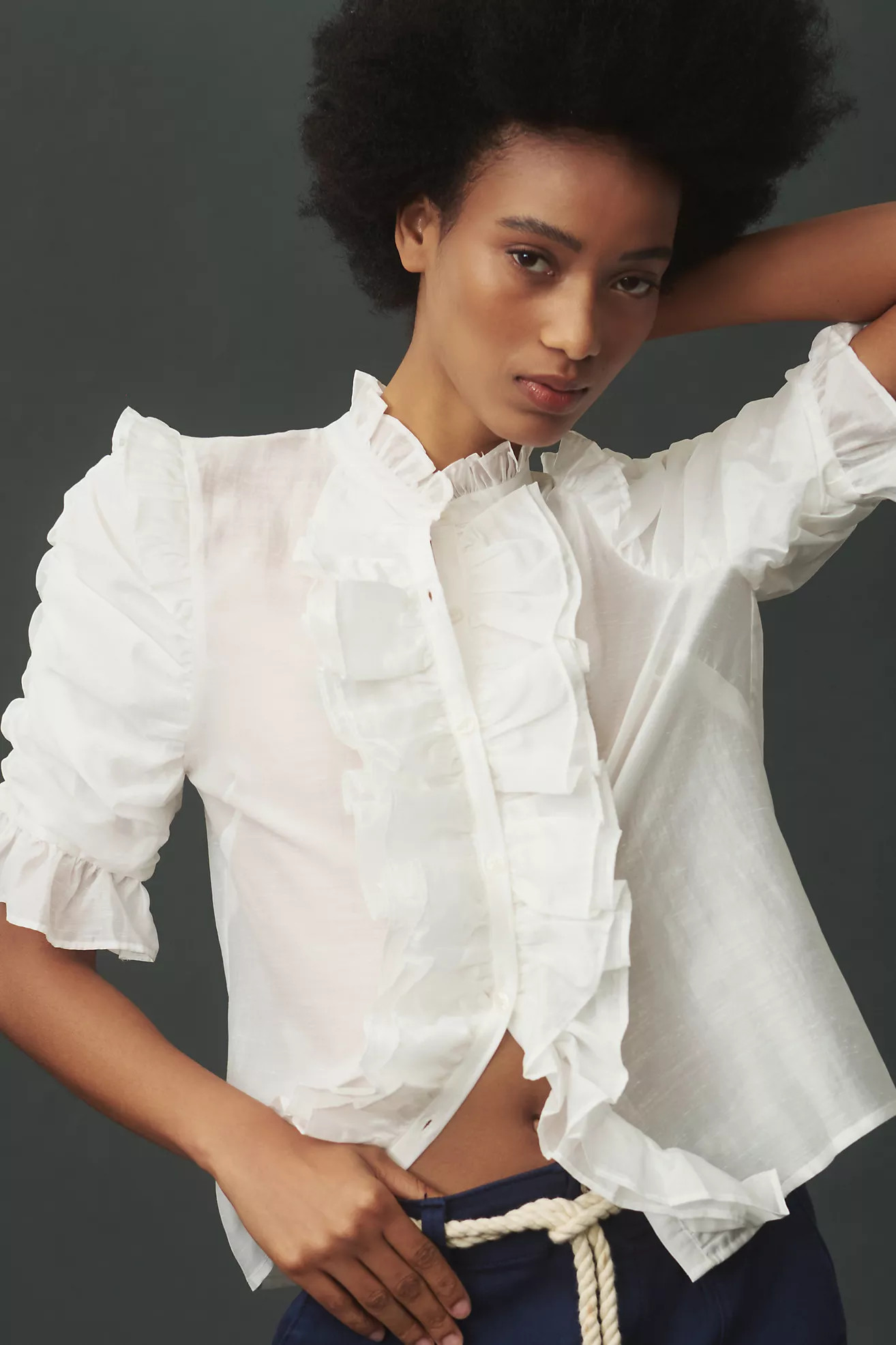 Sunday in Brooklyn Short-Sleeve Ruffle-Front Buttondown Shirt | Anthropologie (US)