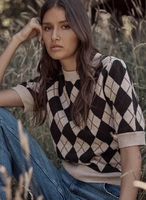 Neutral Cotton Blend Argyle Knit Top | Mint Velvet