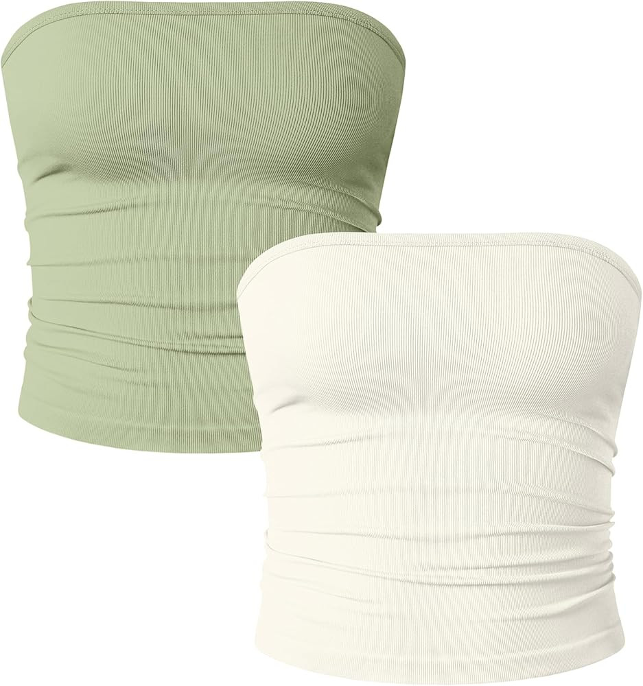 OQQ Womens 2 Piece Tube Tops Strapless Basic Sleeveless Stretch Classic-Fit Shirts Sexy Crop Tops | Amazon (US)