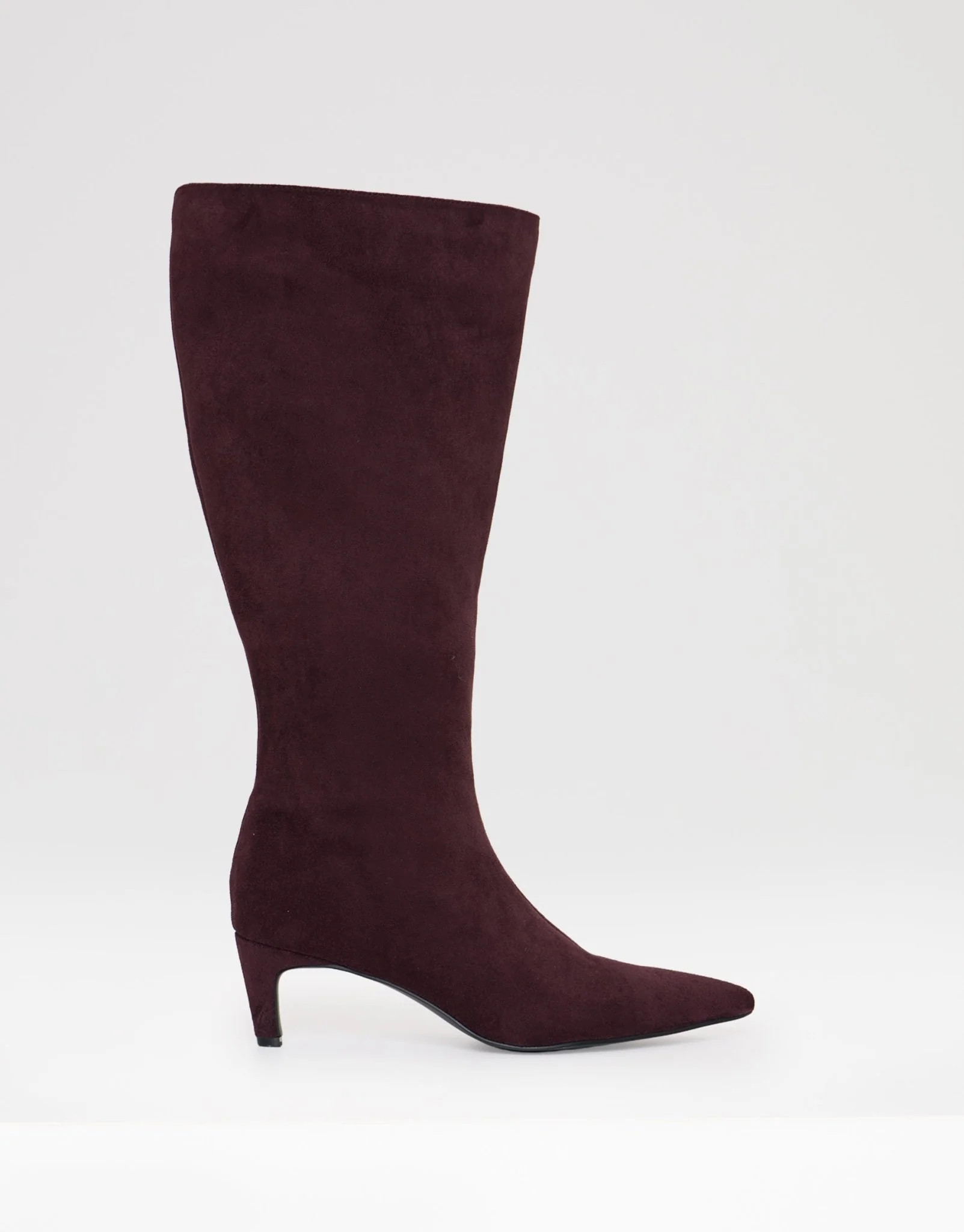 Faux Suede Kitten Heel Knee High Boots in Berry | Threadbare UK