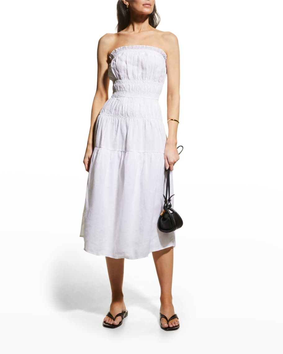 FRAME Smocked Strapless Midi Dress | Neiman Marcus