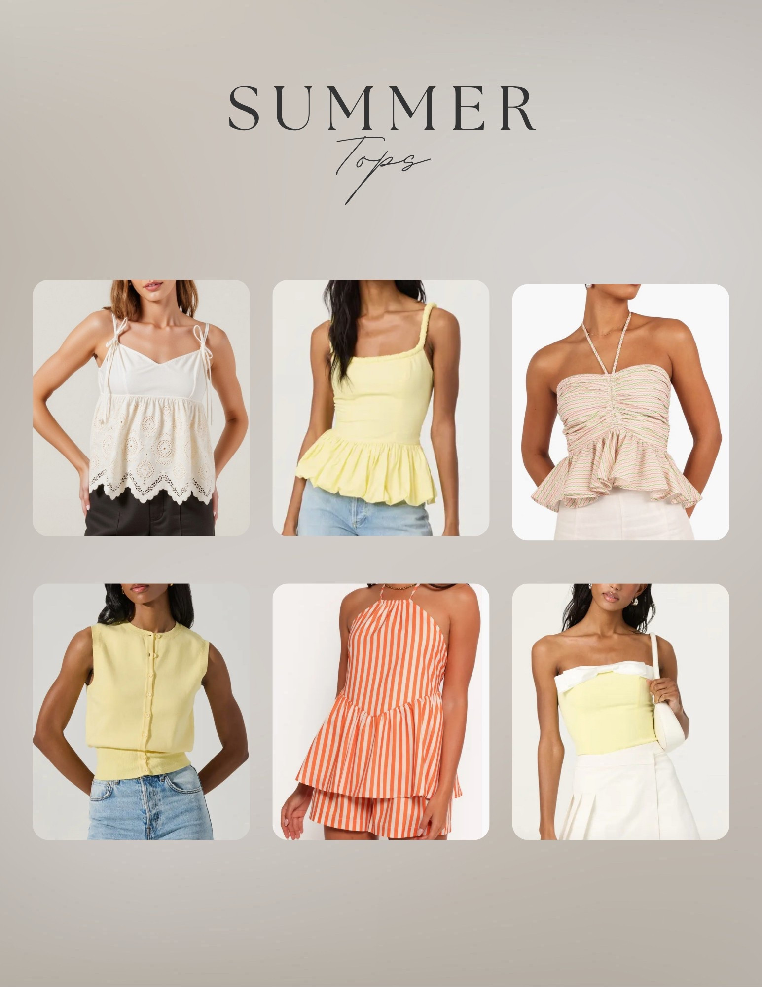 Summer tops!

butter yellow, peplum top, bubble top, sweater vest, tube top, bow detail, halter neck top, eyelet top, summer blousee

#LTKSummerEdit #LTKStyleTip #LTKItBag