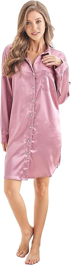 TONY AND CANDICE Women’s Sleep Shirt, Satin Pajama Top Long Sleeve Nightshirt | Amazon (US)