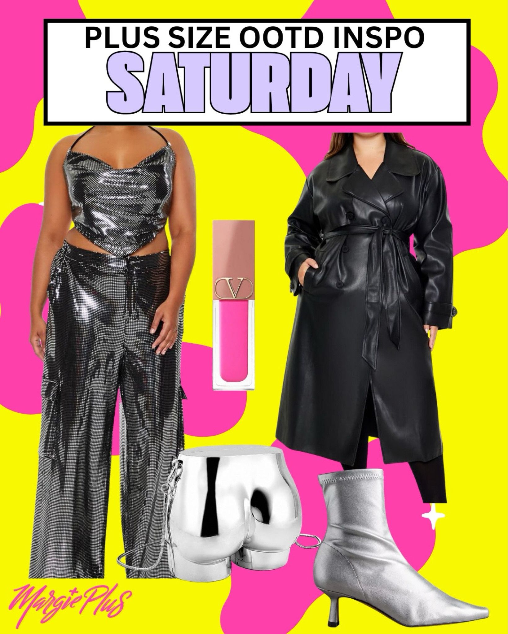 SATURDAY Plus Size Style Inspiration serving studio 54 in this sexy two piece silver set and leather trench paired with super cute one of a kind purse and  silver pointed booties! 

#LTKStyleTip #LTKFindsUnder100 #LTKPlusSize