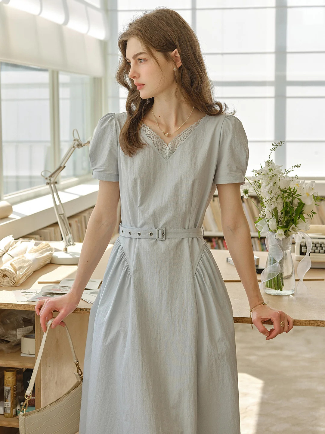 Juno V-Neck Lace Belted Waist Cotton Dress | Simple Retro