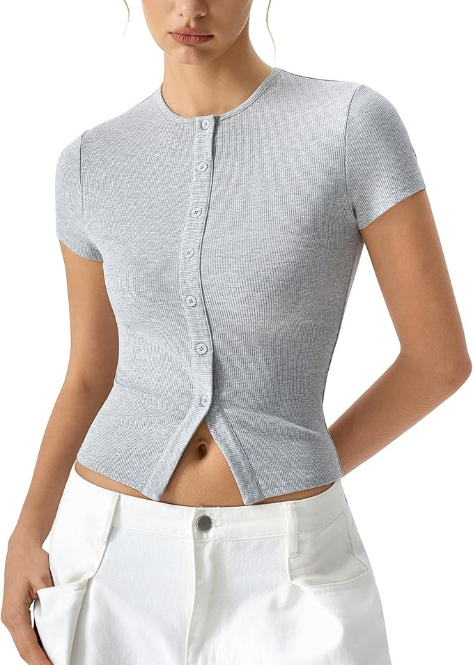 QINSEN Women's Crewneck Short Sleeve T Shirts Ribbed Button Going Out Trendy Tops | Amazon (US)