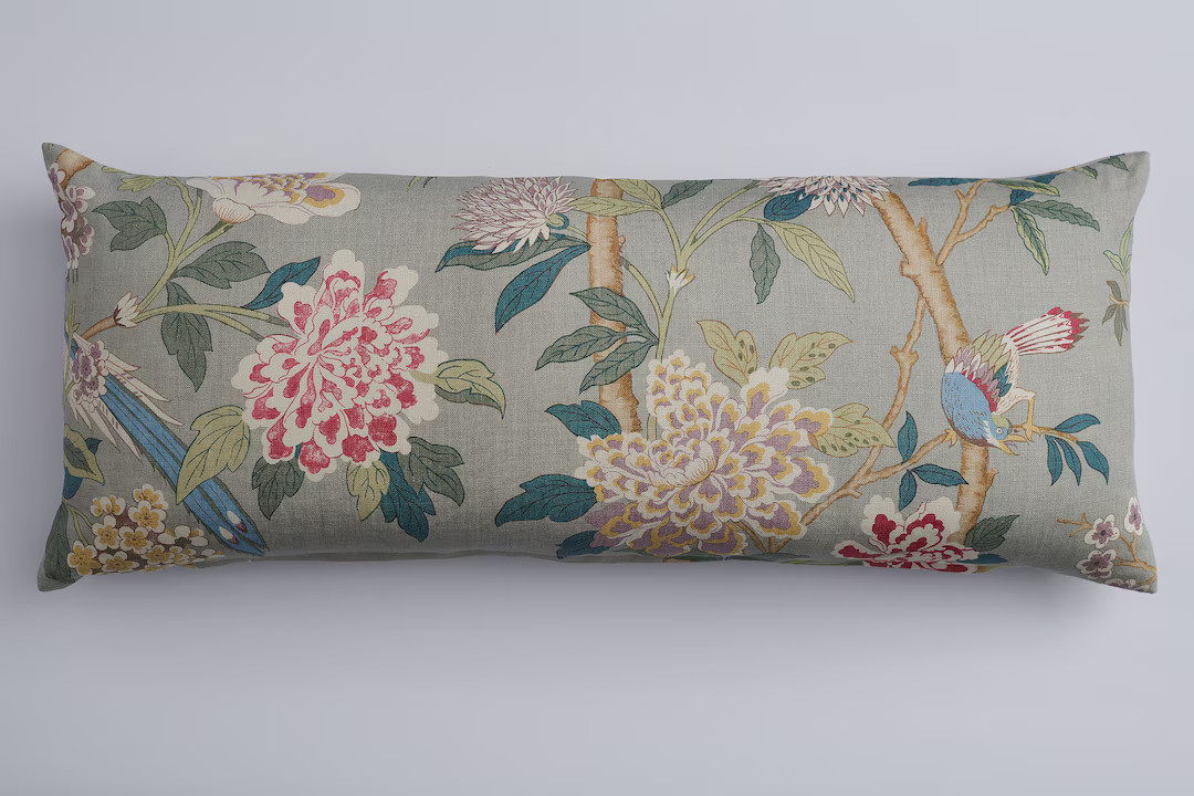 GP and J Baker Hydrangea Bird in Aqua & Rose, Chinoiserie Style Pillow Cover, 16 X 38 Large Lumba... | Etsy (US)
