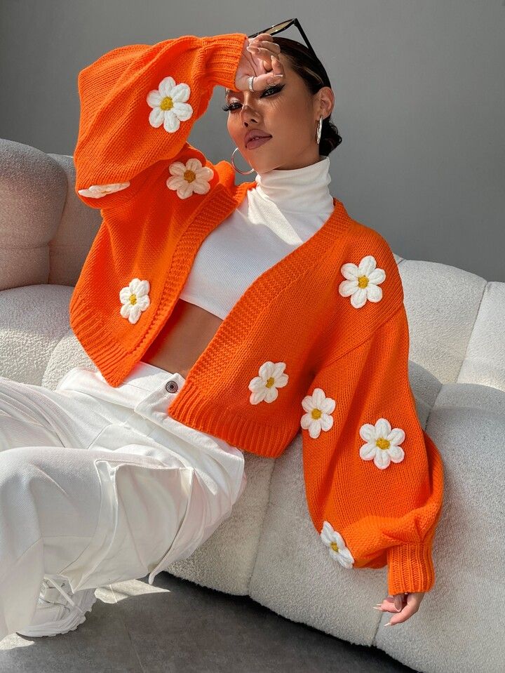 SHEIN EZwear Floral Applique Bishop Sleeve Crochet Cardigan | SHEIN