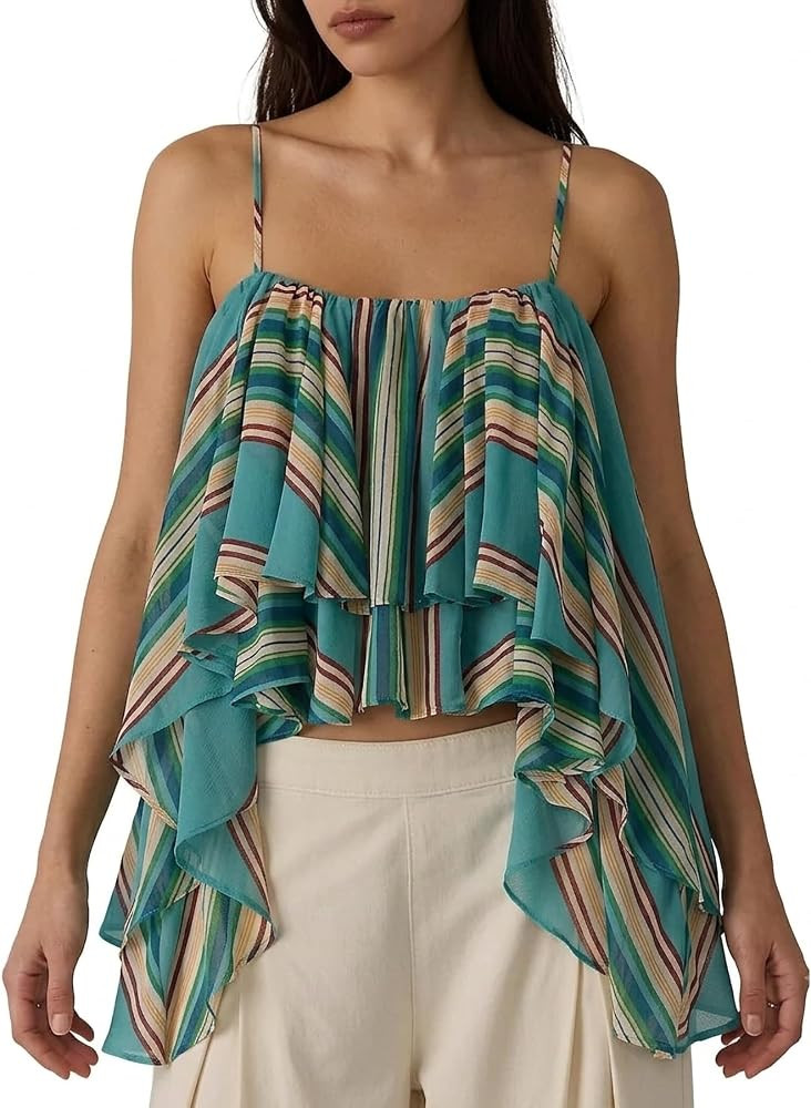 Women Boho Striped Ruffled Cami Top Layered Spaghetti Strap Babydoll Tank Sleeveless Printed Cami... | Amazon (US)